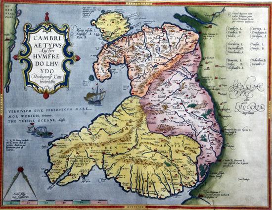 Abraham Ortelius and Humphrey Lluyd Map of Wales Cambriae Typus, 1579, first date with latin text 14.5 x 19.5in.